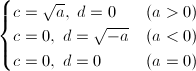 \begin{cases} c=\sqrt{a},\hspace{1mm}d=0 &(a>0) \\ c=0,\hspace{1mm}d=\sqrt{-a} &(a<0) \\ c=0,\hspace{1mm}d=0 &(a=0) \end{cases}